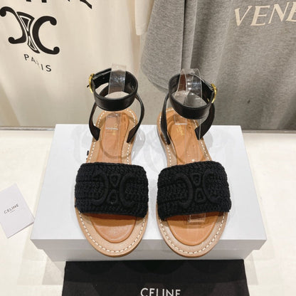 LYMPIA SANDAL IN TRIOMPHE MACCRAMÉ COTTON & CALFSKIN BLACK