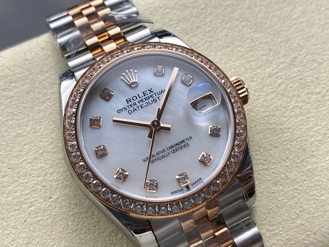 Datejust 31mm Pink Gold Steel Diamond Bezel White Mop Dial