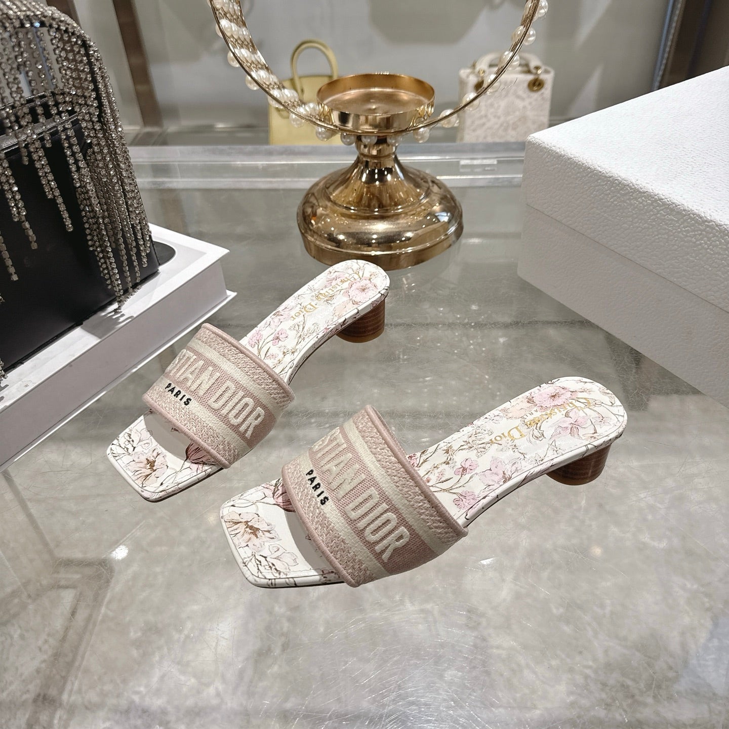 CD 26 Embroidered Sandals 45mm Beige Flower Canvas 592242