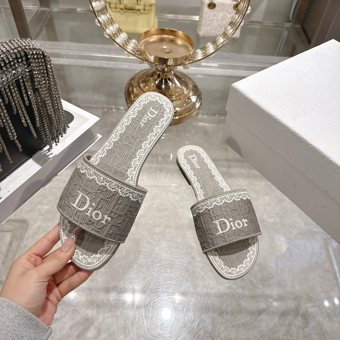 CD26 Embroidered Sandals Gray White Canvas 592243