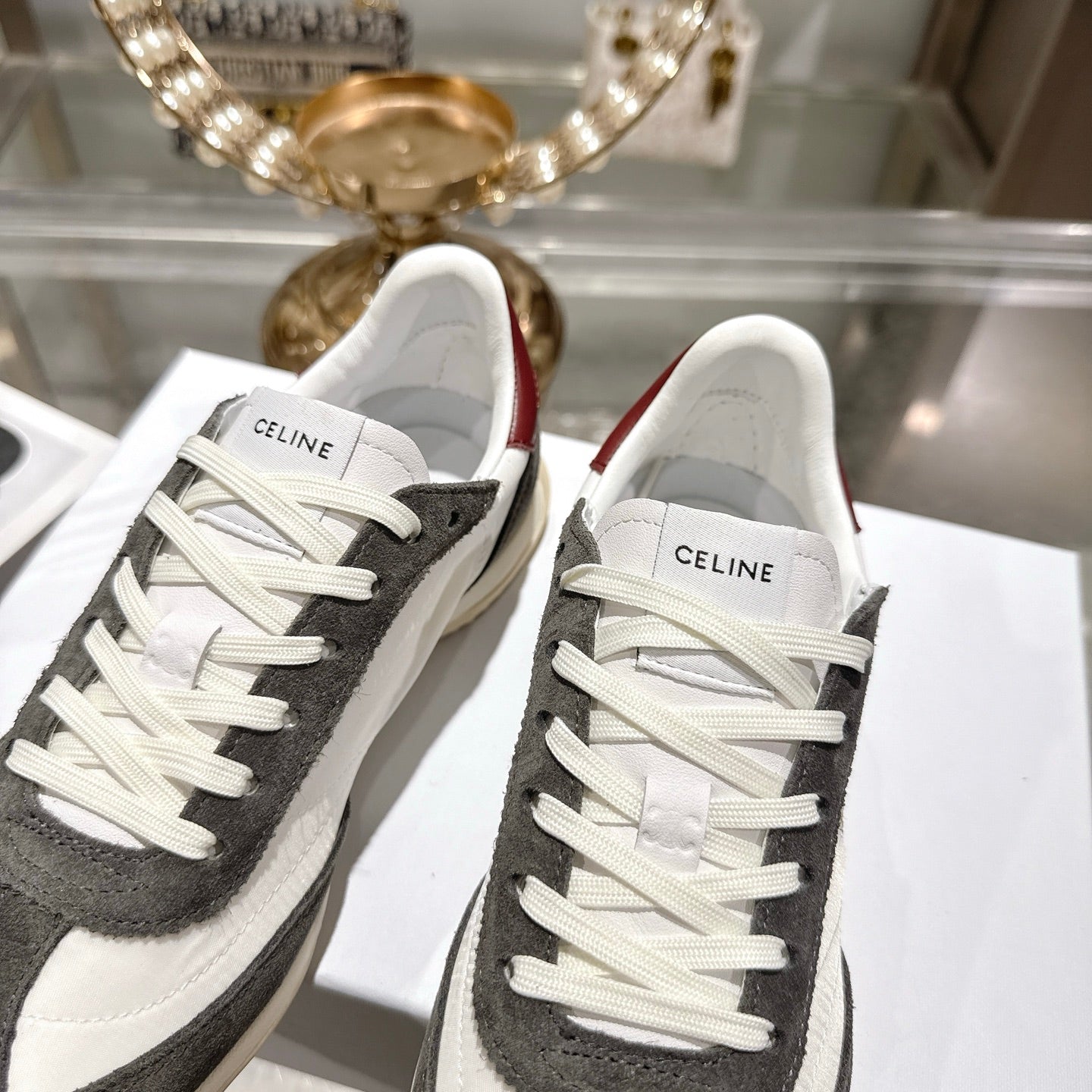 Celine Racer Sneaker Taupe White Suede Fabric 679822