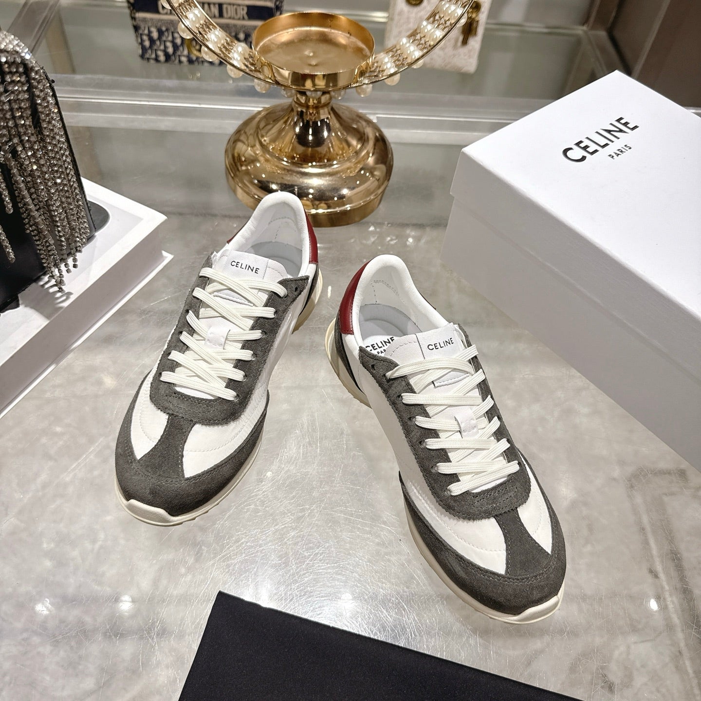 Celine Racer Sneaker Taupe White Suede Fabric 679822