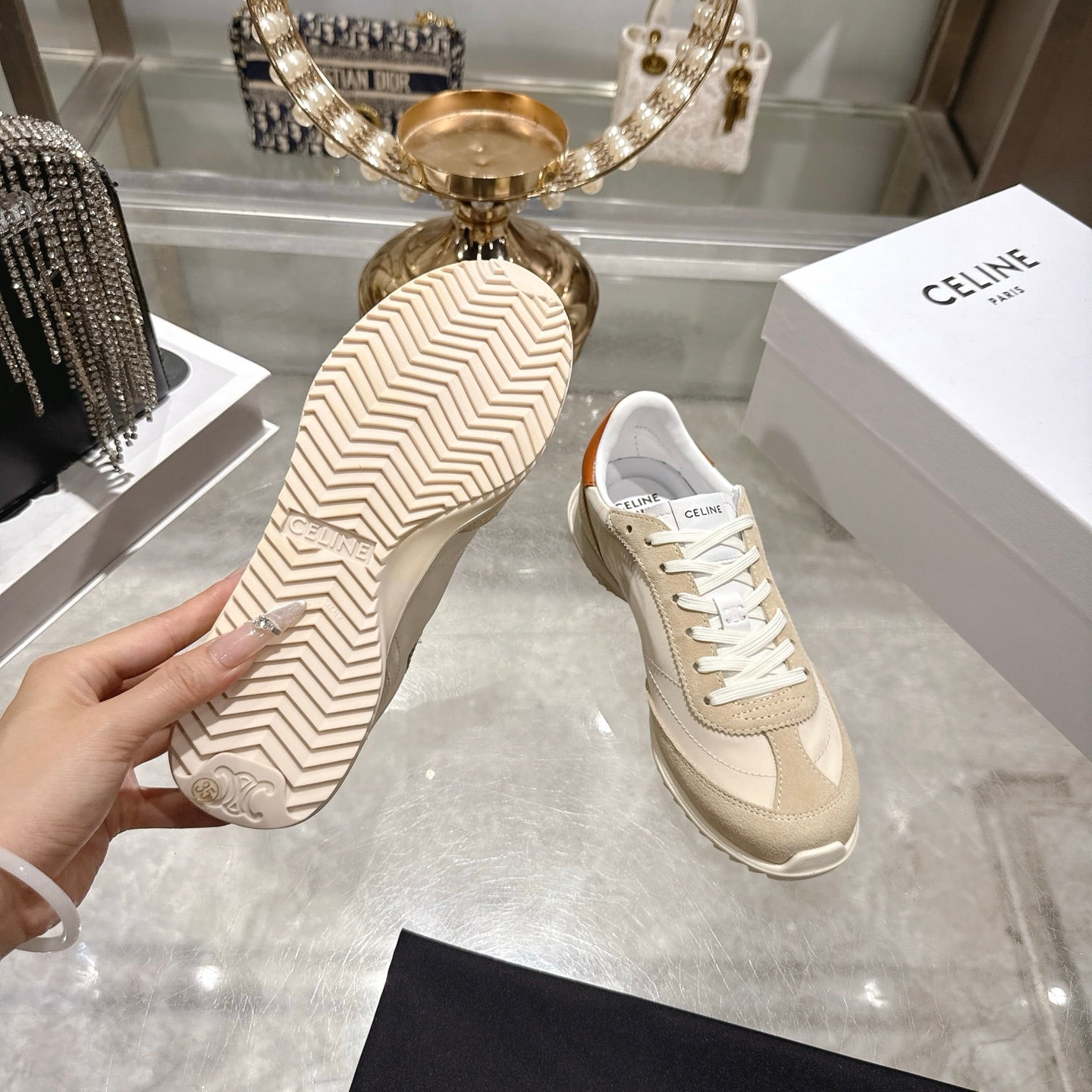 Celine Racer Sneaker Beige Suede Fabric 679818