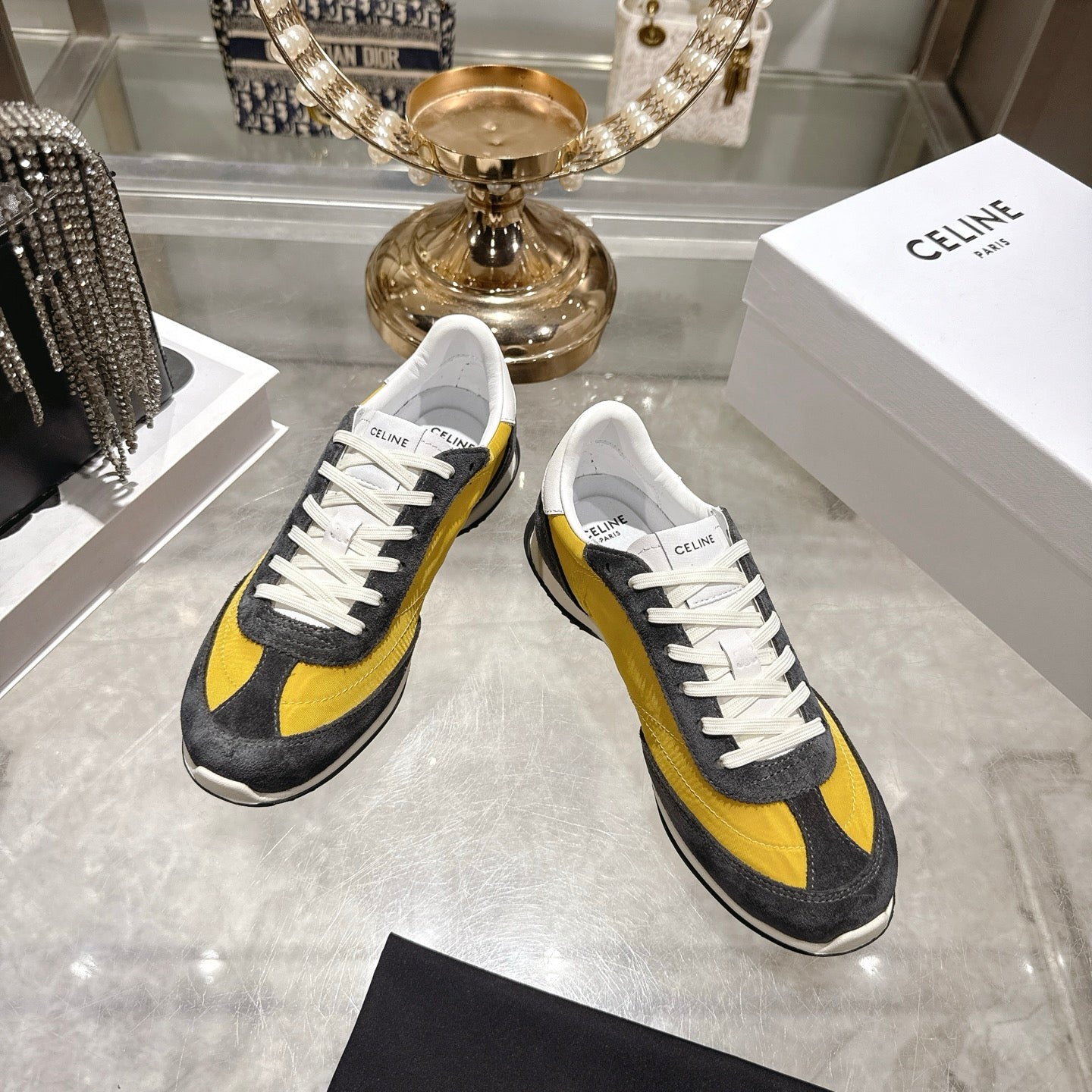 Celine Racer Sneaker Taupe Yellow Suede Fabric 679820