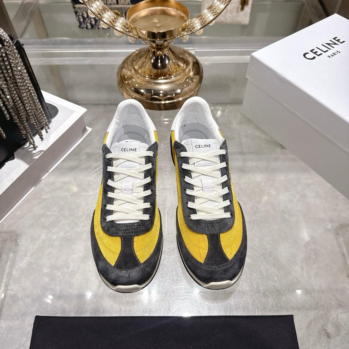 Celine Racer Sneaker Taupe Yellow Suede Fabric 679820
