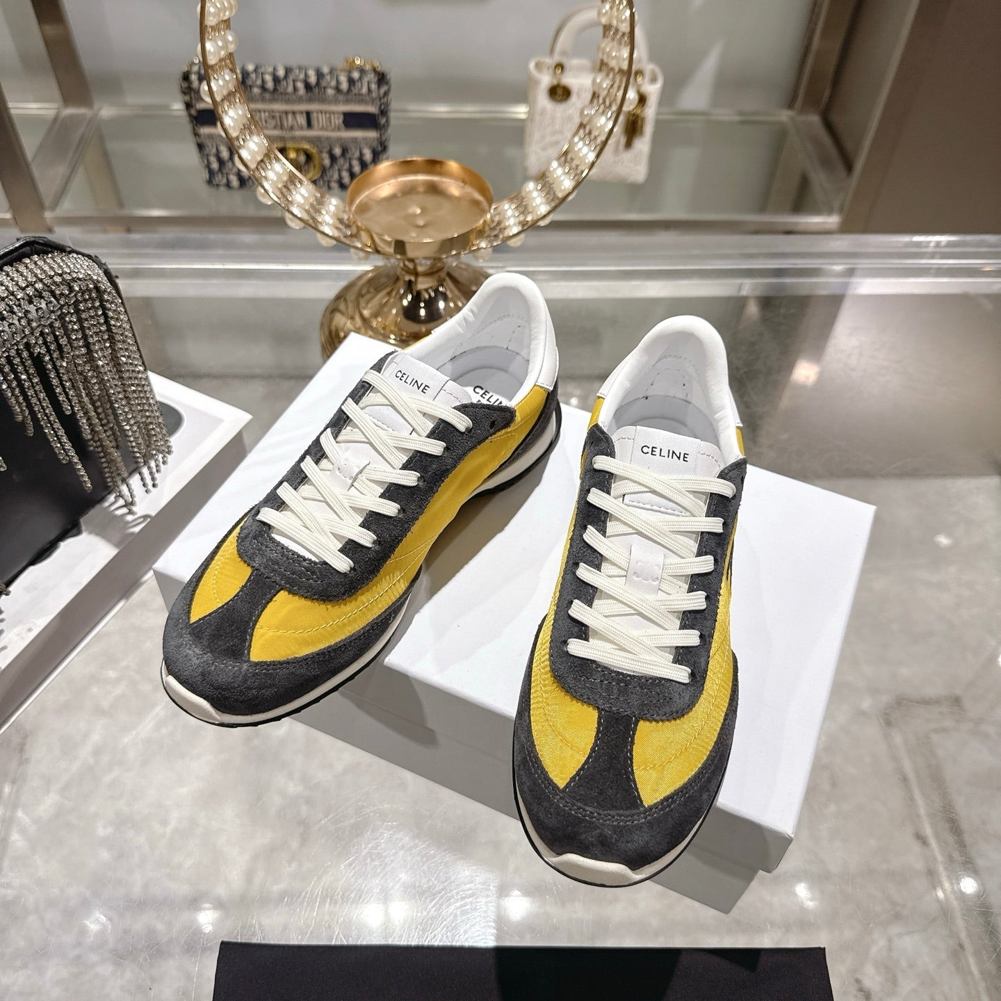 Celine Racer Sneaker Taupe Yellow Suede Fabric 679820