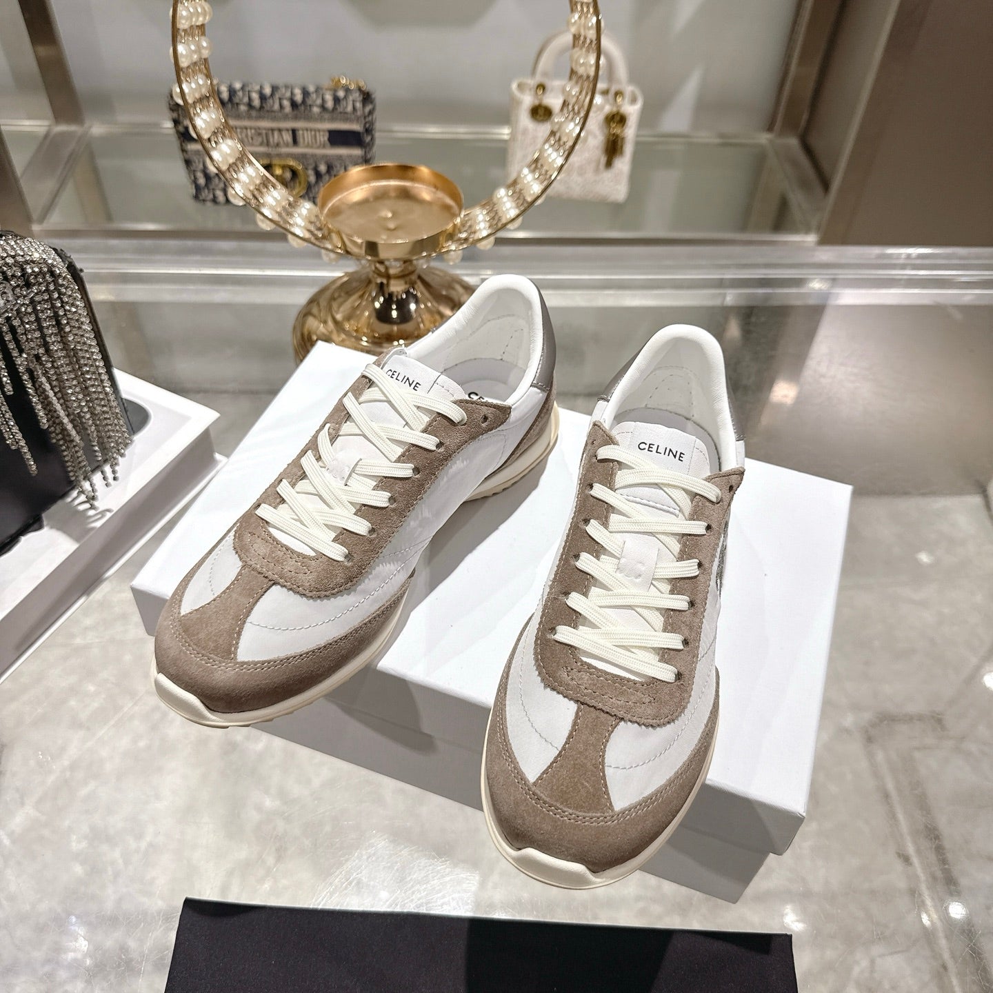 Celine Racer Sneaker Dark Khahi White Suede Fabric 679821