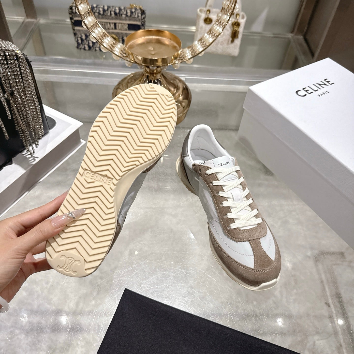Celine Racer Sneaker Dark Khahi White Suede Fabric 679821