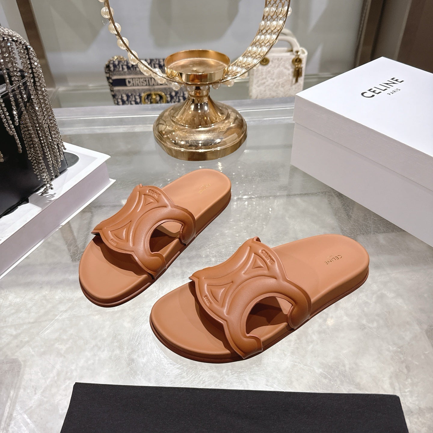 Celine 26s Triomphe Slide Tan Brown Sheepskin 679830