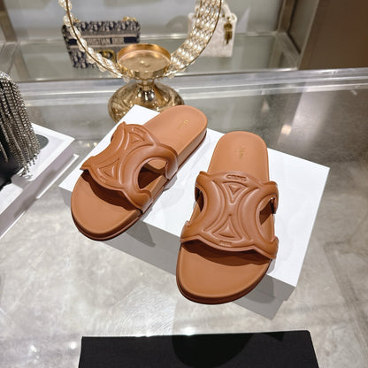 Celine 26s Triomphe Slide Tan Brown Sheepskin 679830