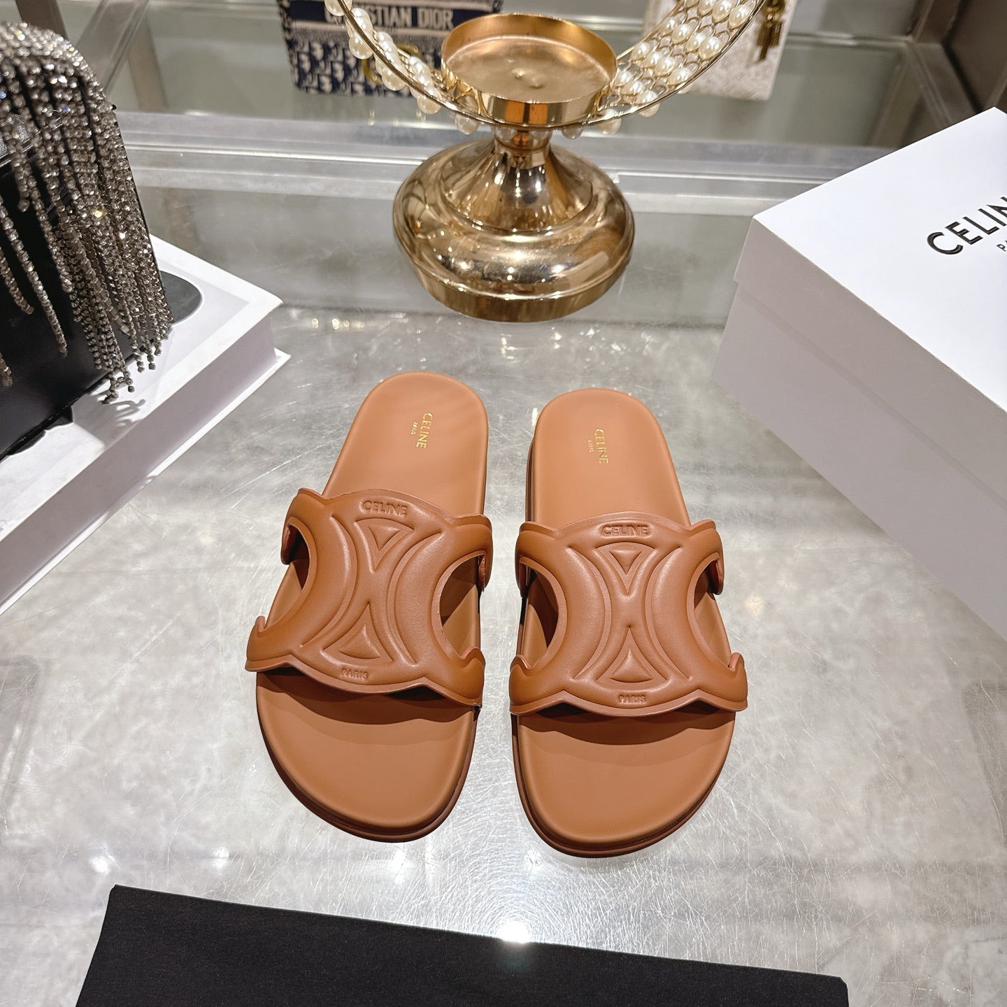 Celine 26s Triomphe Slide Tan Brown Sheepskin 679830