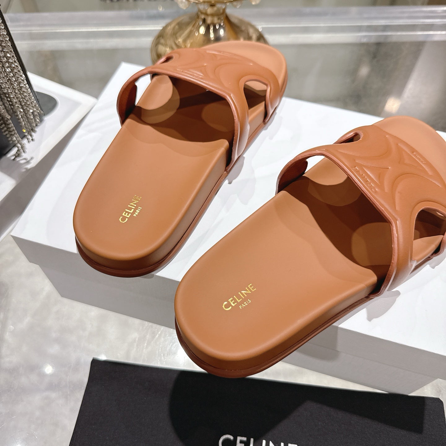 Celine 26s Triomphe Slide Tan Brown Sheepskin 679830