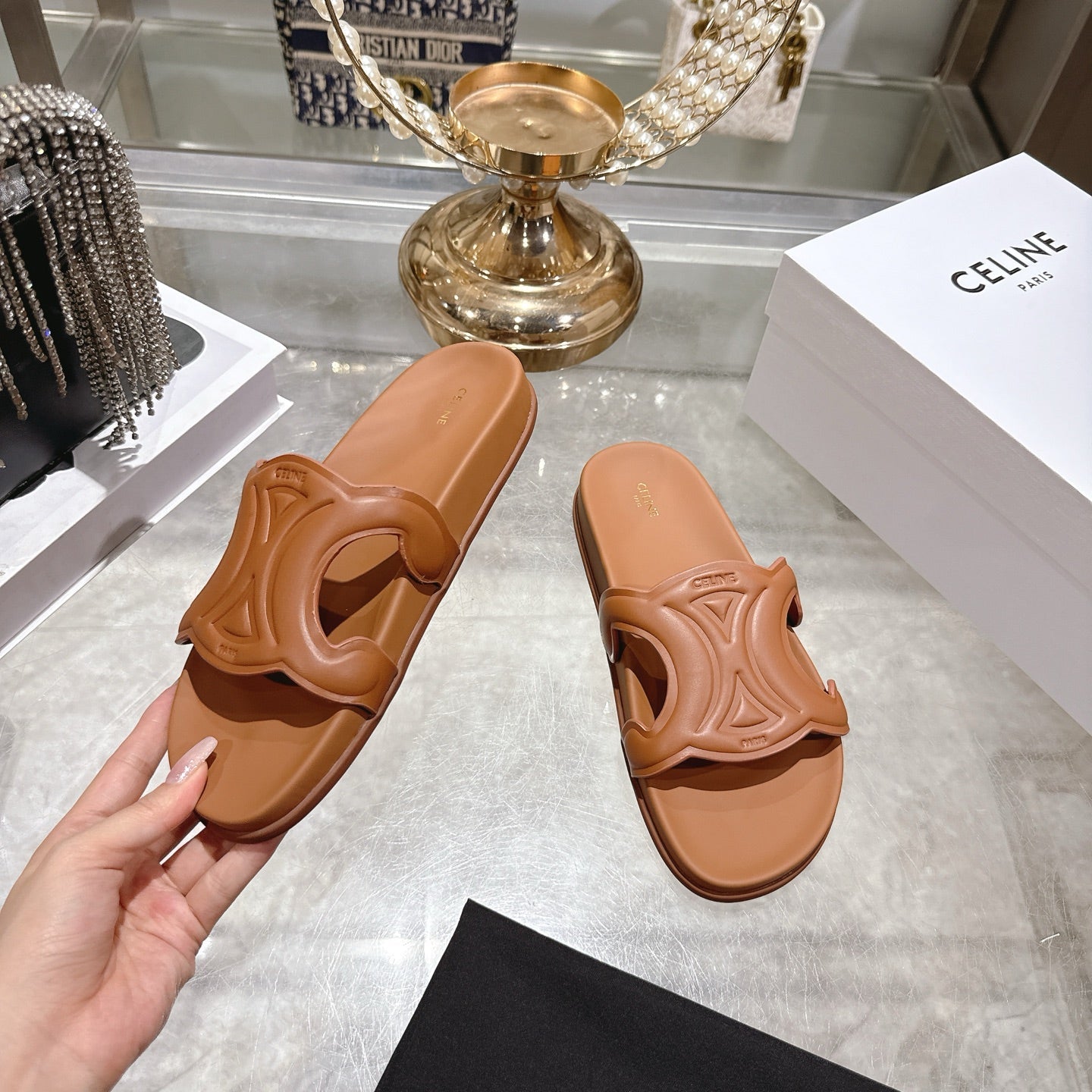 Celine 26s Triomphe Slide Tan Brown Sheepskin 679830