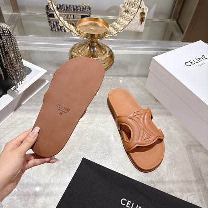 Celine 26s Triomphe Slide Tan Brown Sheepskin 679830