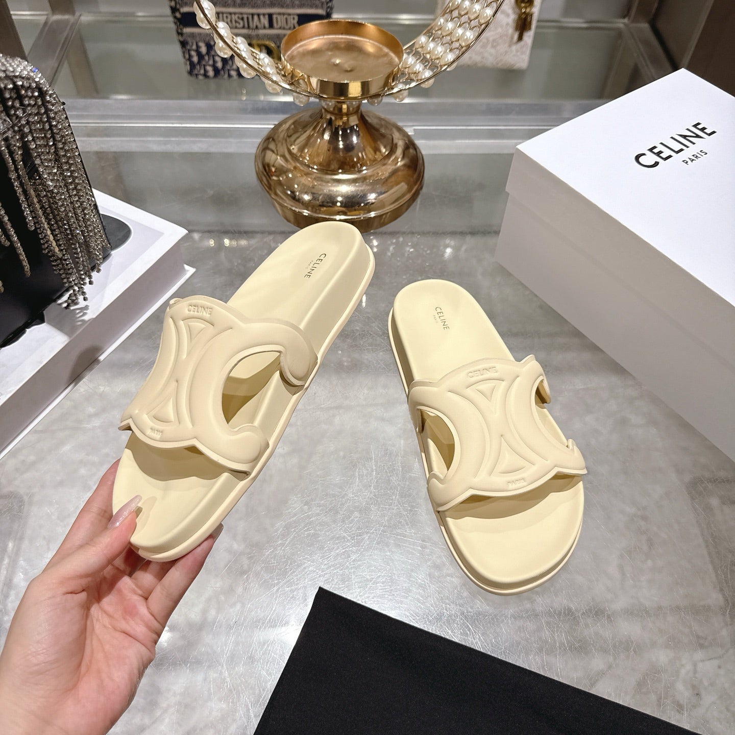 Celine 26s Triomphe Slide Light Beige Sheepskin 679831