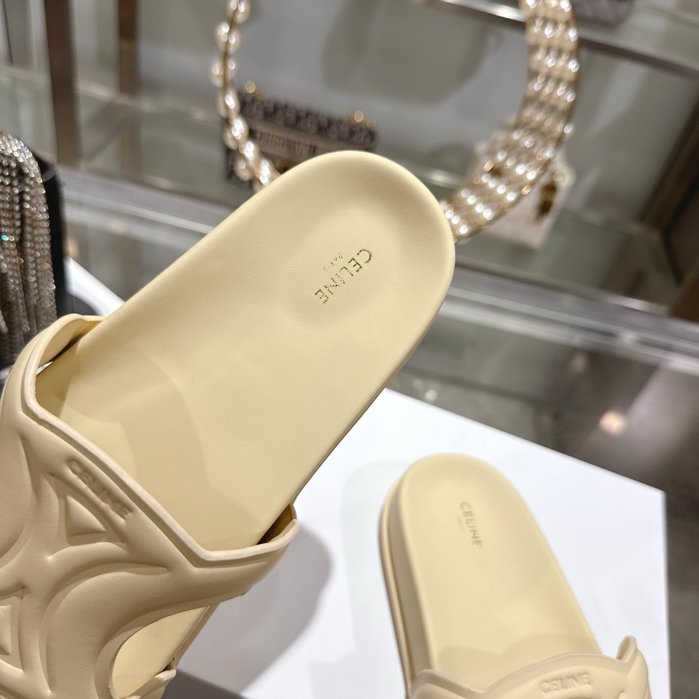 Celine 26s Triomphe Slide Light Beige Sheepskin 679831