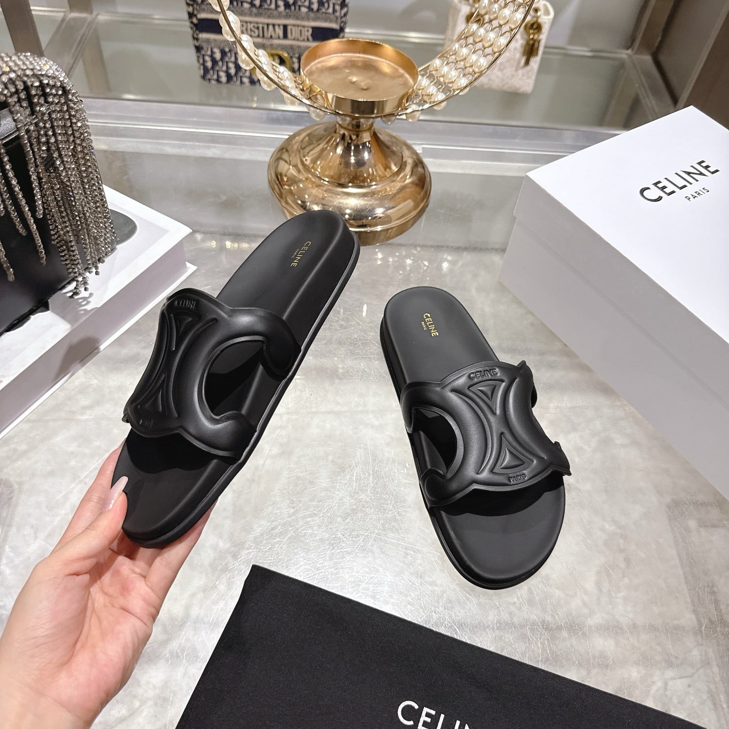 Celine 26s Triomphe Slide Black Sheepskin 679833