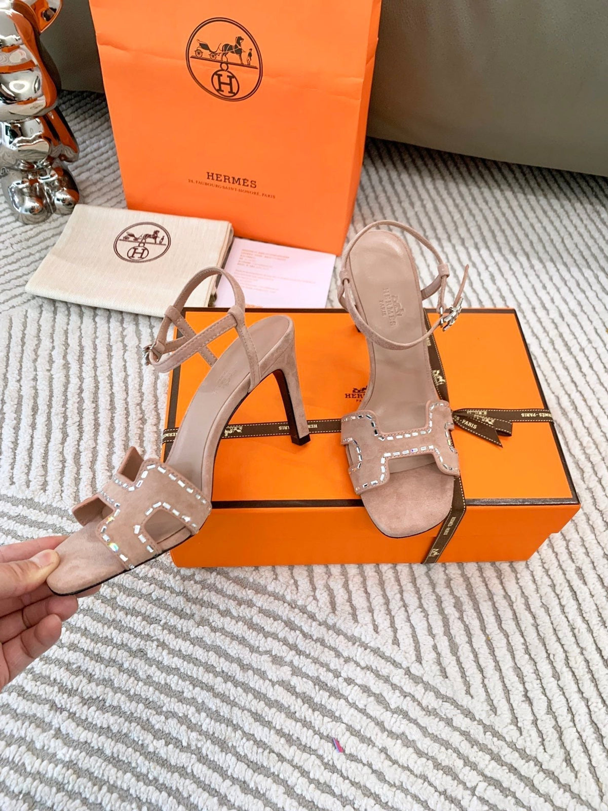 HM Heden sandal 85mm Pink Beige With Rhinestones Suede 963267