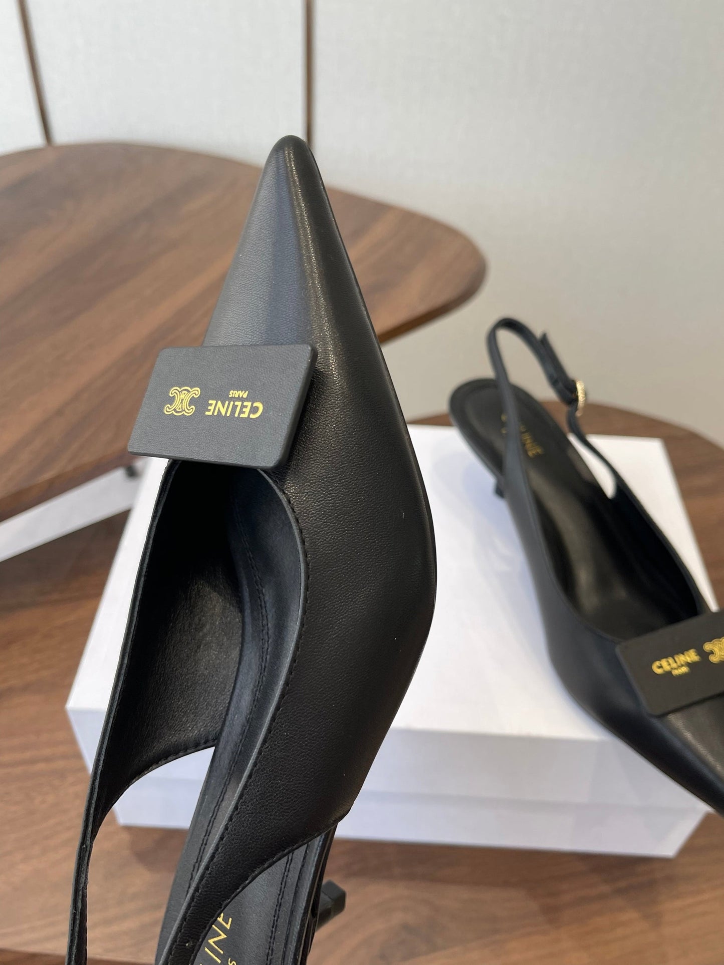 Celine 26 Pointed-Toe Slingback Black Sheepskin 624686