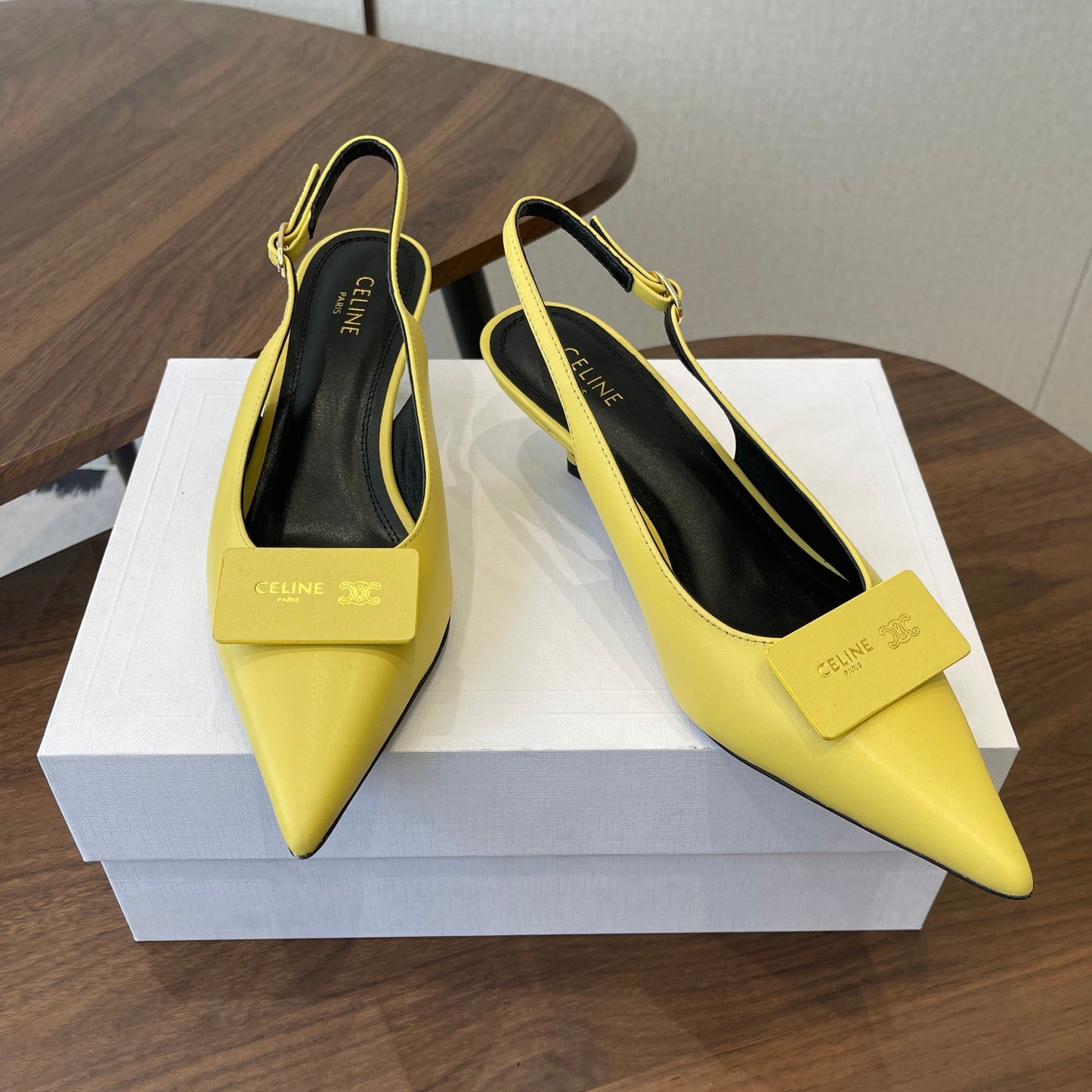 Celine 26 Pointed-Toe Slingback Yellow Sheepskin 624684