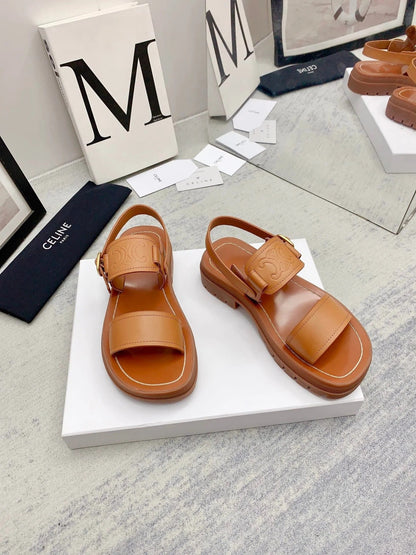 Celine 26 Clea Triomphe Retro-Chic Sandals Calfskin Leather 732451