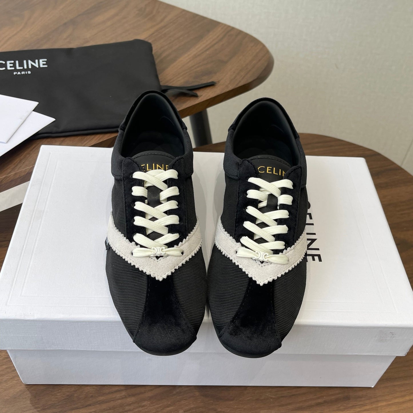 Celine 26 Flat Sneaker Black White Canvas Suede 624714