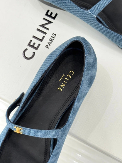 Celine 26 Mary-Jane Ballet Flats Fabric Leather 755871