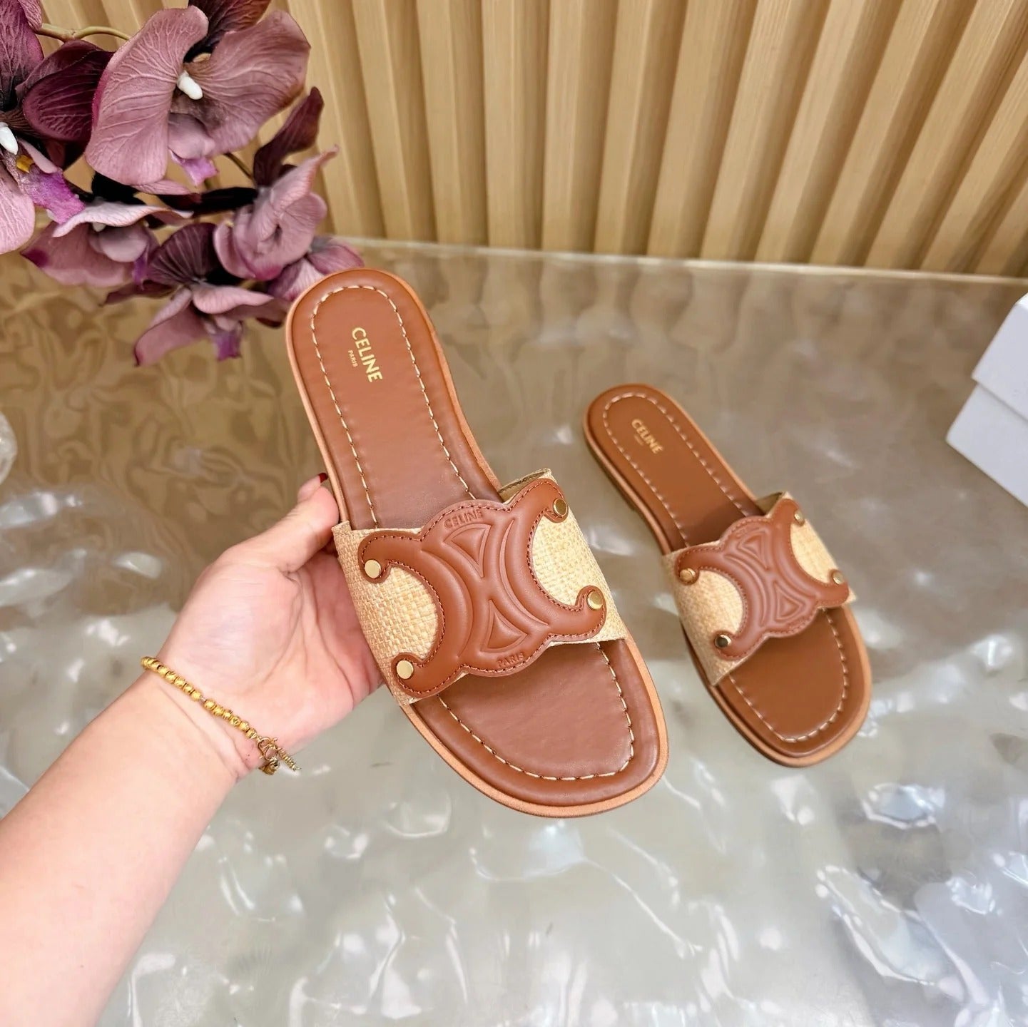 Celine 26 Triomphe Slide Sandals Leather 749443