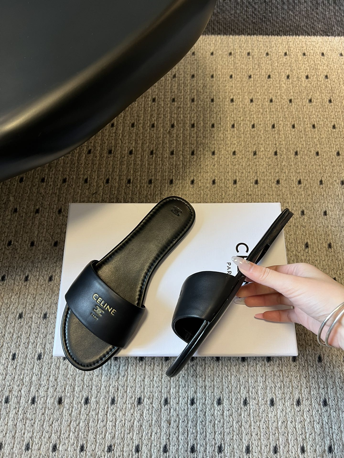 Celine 26 Flat Mule Slippers Black Sheepskin 621528