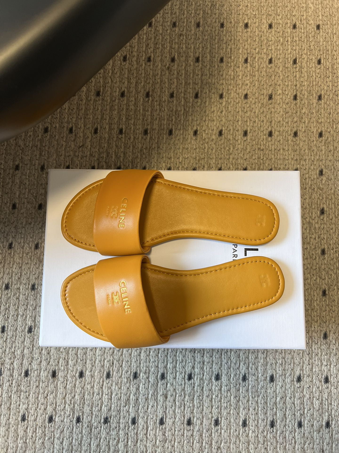Celine 26 Flat Mule Slippers Mustard Yellow Sheepskin 621529