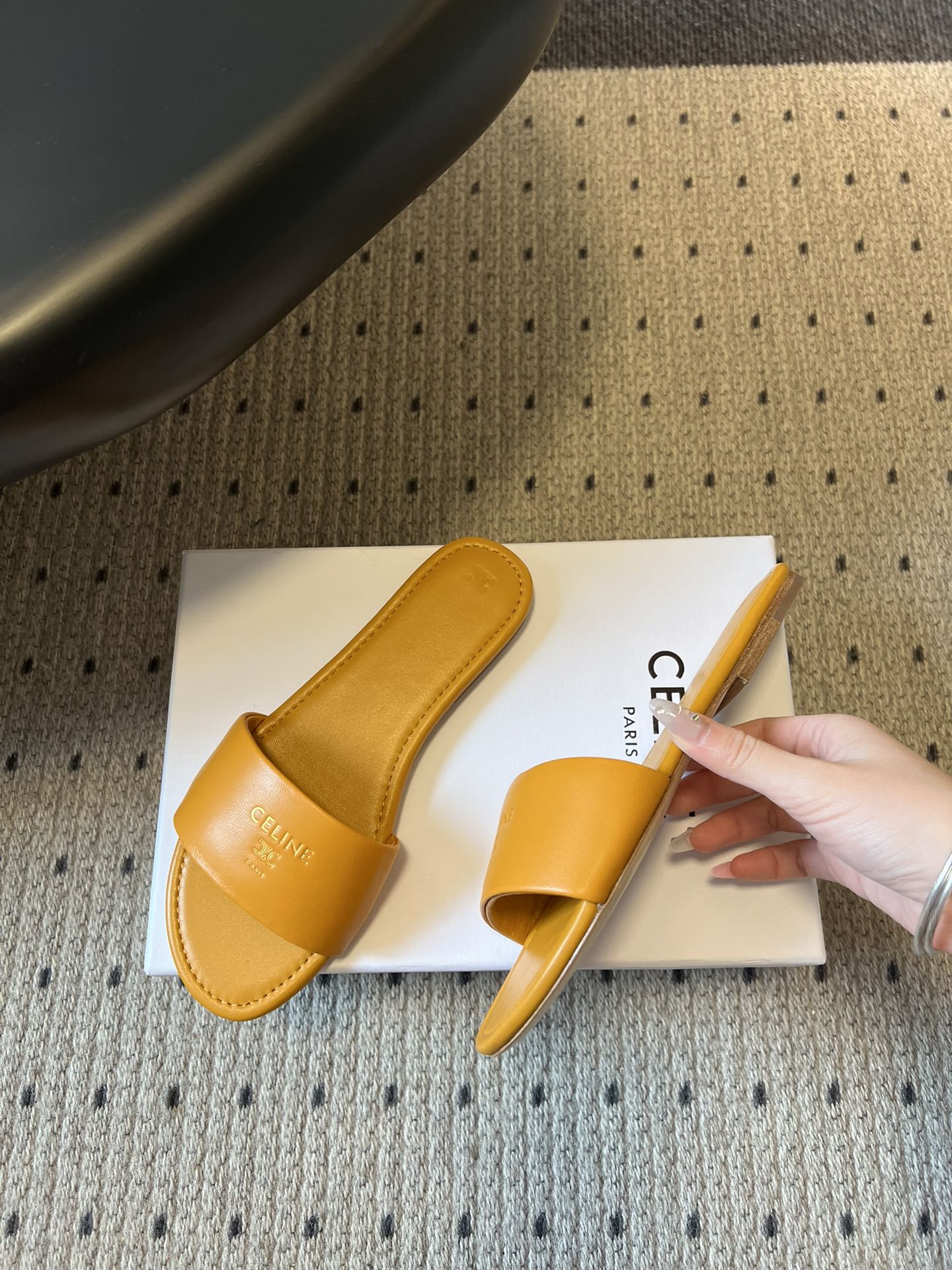 Celine 26 Flat Mule Slippers Mustard Yellow Sheepskin 621529
