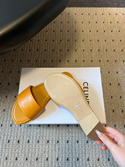 Celine 26 Flat Mule Slippers Mustard Yellow Sheepskin 621529