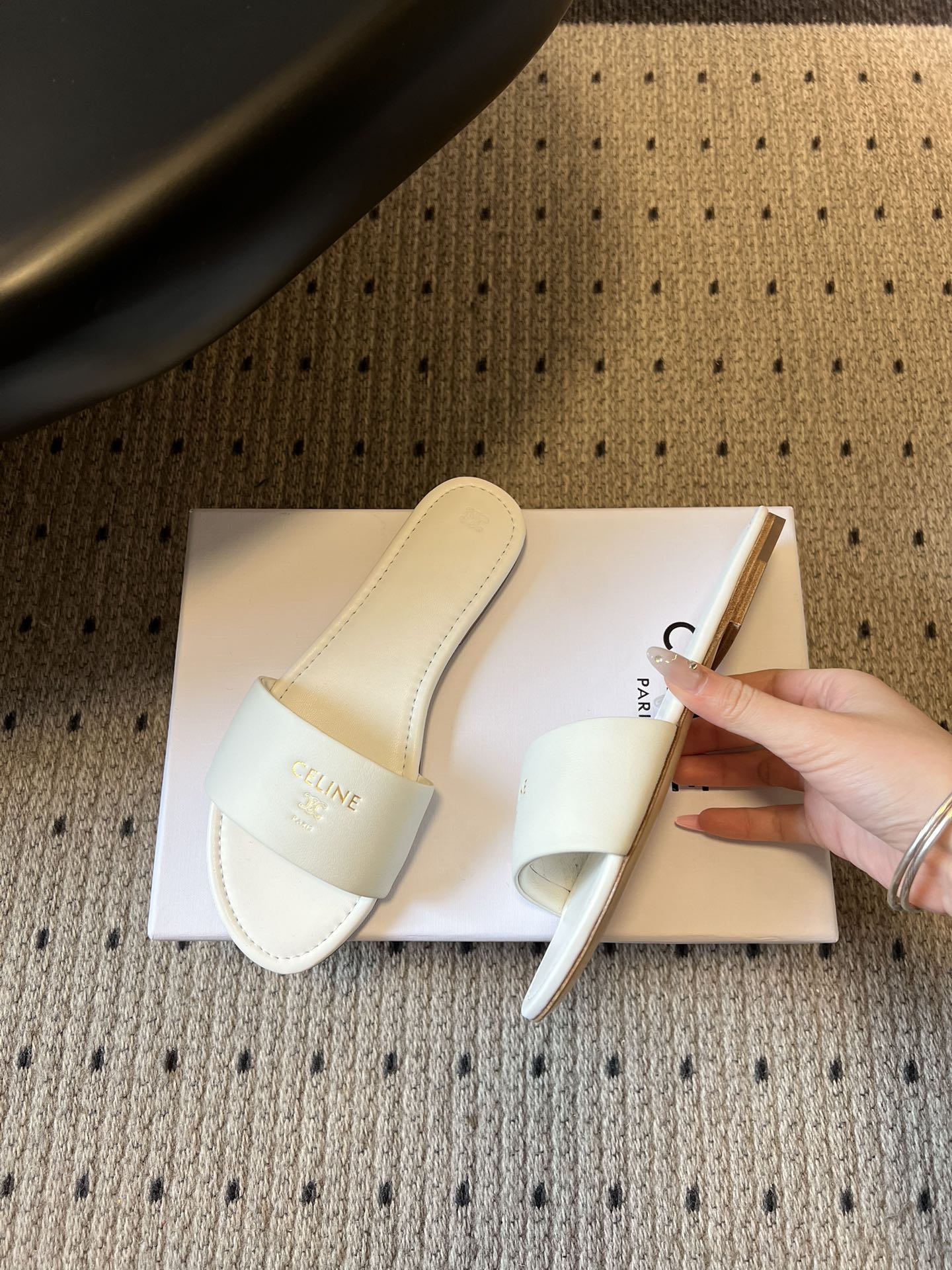 Celine 26 Flat Mule Slippers White Sheepskin 621530