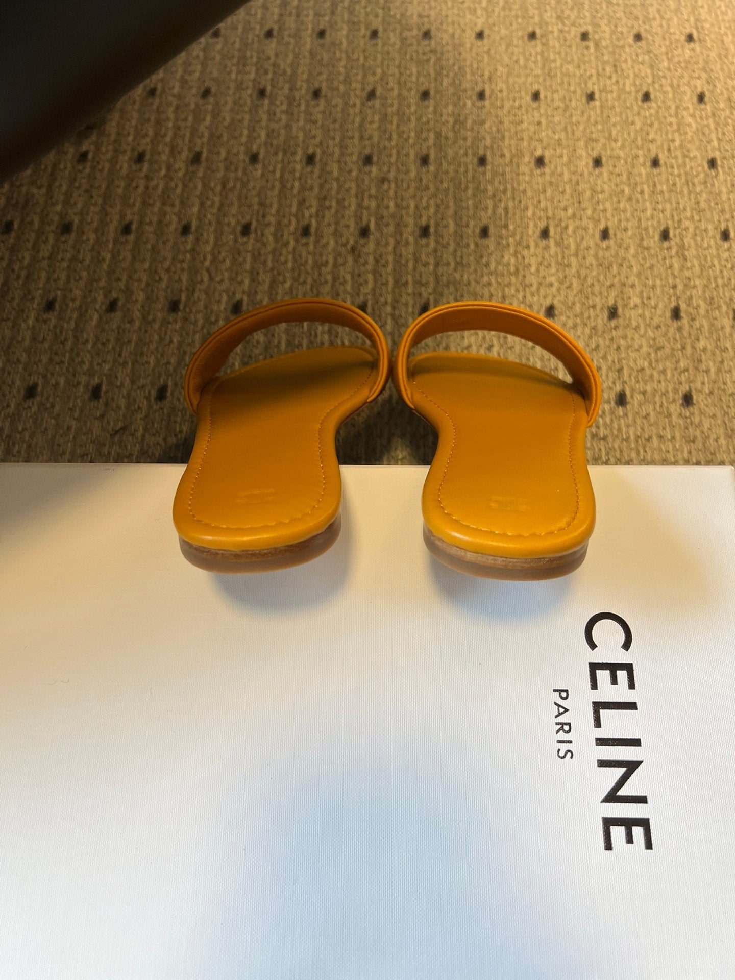 Celine 26 Flat Mule Slippers Mustard Yellow Sheepskin 621529